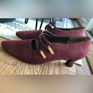 Jennifer Moore Burgundy Suede Heels with Gold Accents